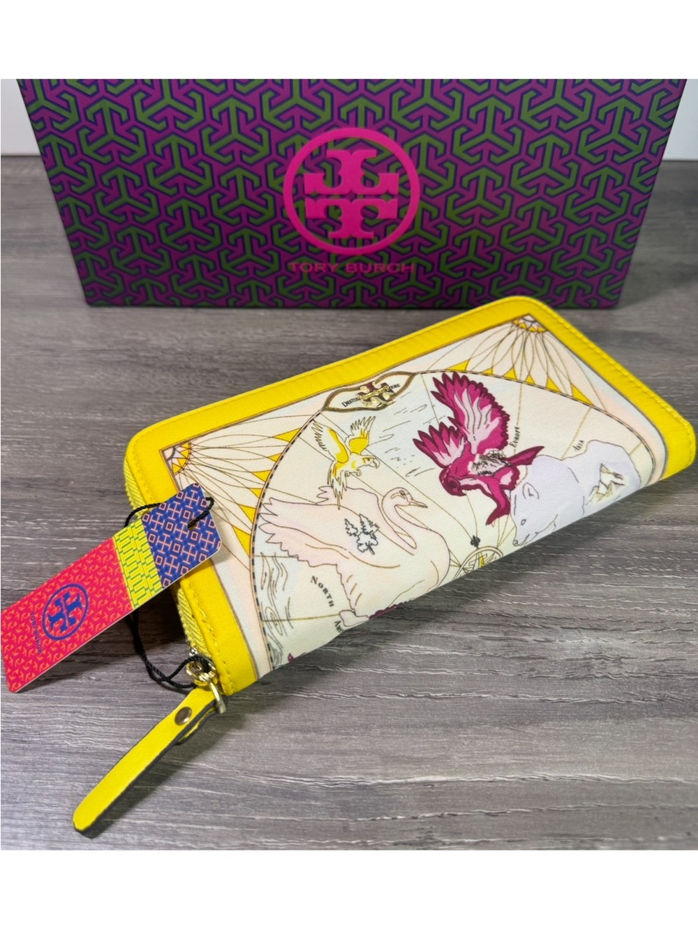 Tory Burch Continental Floral Map Yellow Trim Printed Zip-Around Wallet READ